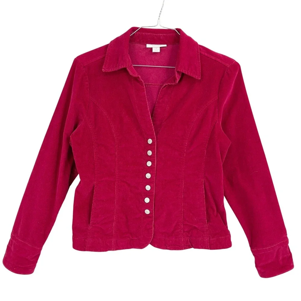 Dressbarn Womens Bright Red Fine Wale Corduroy Jacket Button Up Blazer Stretch M